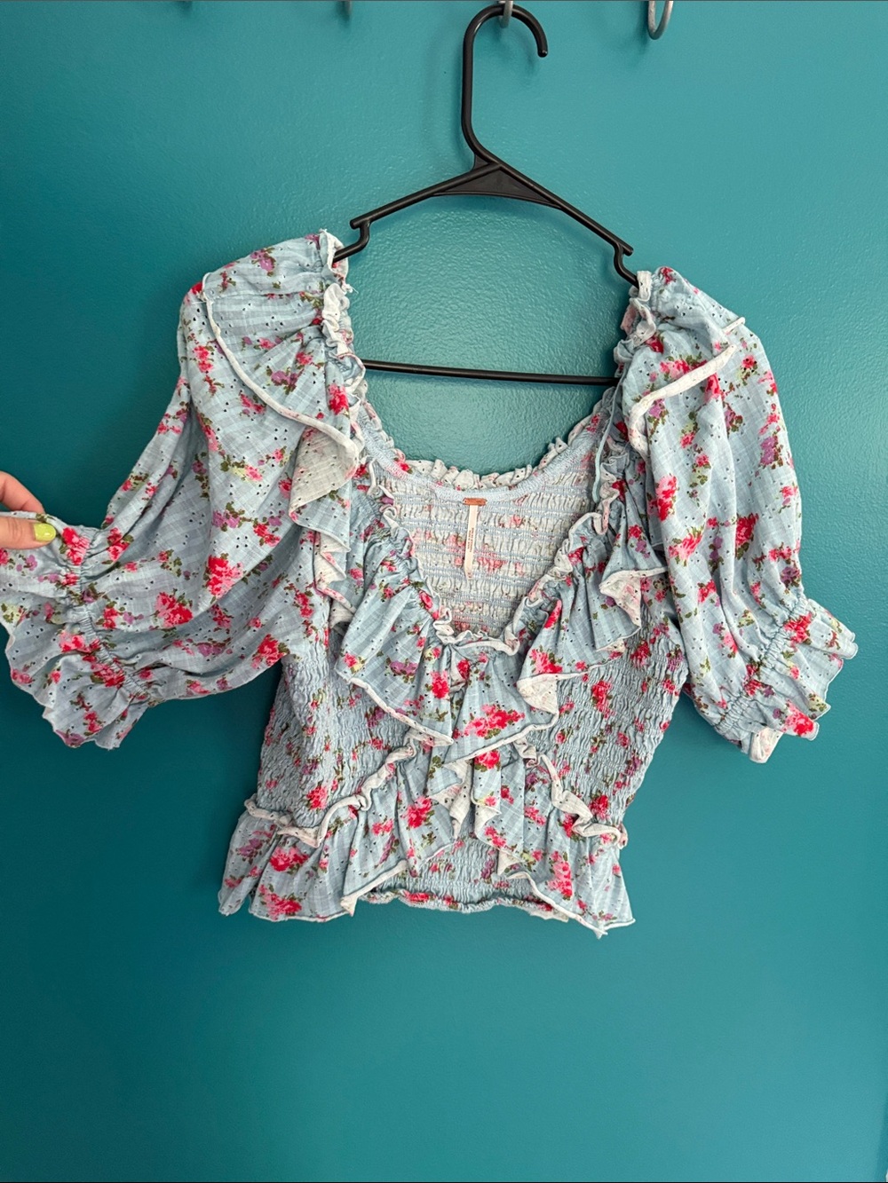 Free People Light Blue Floral Smocked Ruffle Crop Top
